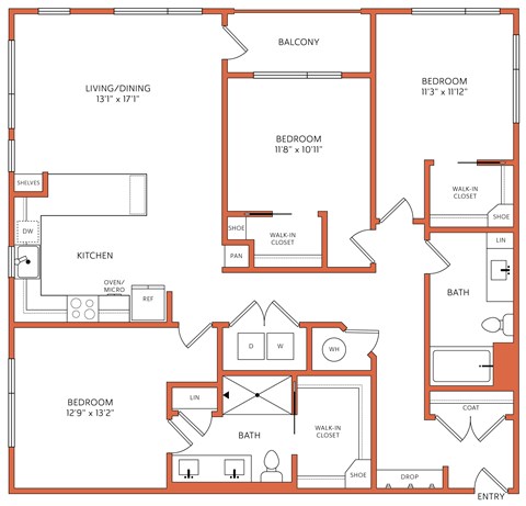 Floor plan for 3 beds, 2 baths, 1465 sqft